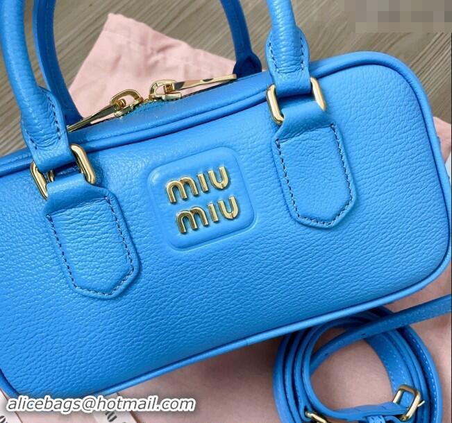 Well Crafted Miu Miu Arcadie Calf Leather top handle bag with Gold-Tone Logo 5BB142 Blue 2024