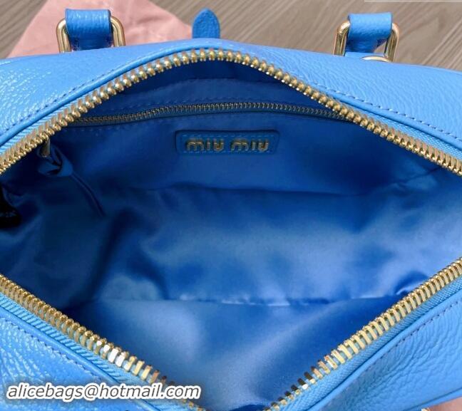 Well Crafted Miu Miu Arcadie Calf Leather top handle bag with Gold-Tone Logo 5BB142 Blue 2024