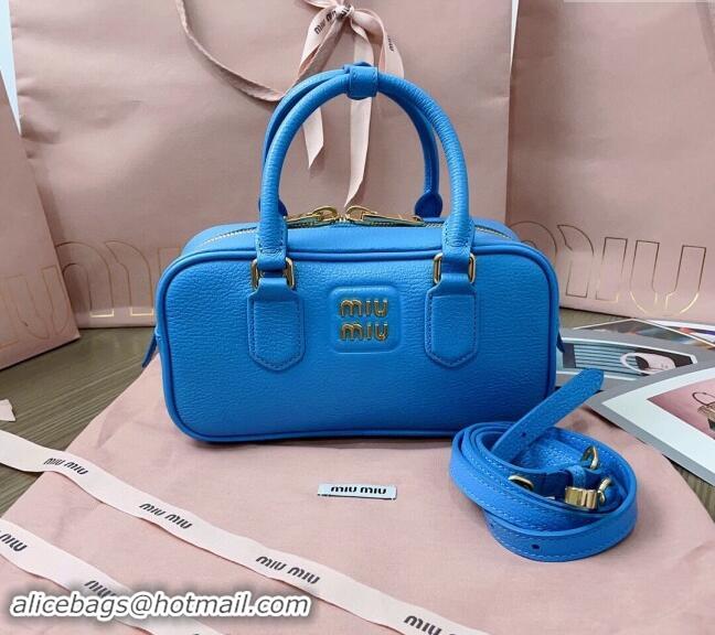 Well Crafted Miu Miu Arcadie Calf Leather top handle bag with Gold-Tone Logo 5BB142 Blue 2024