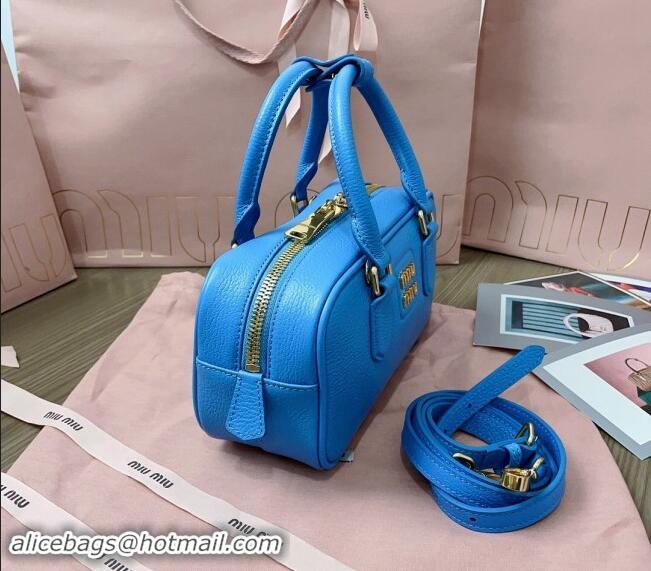 Well Crafted Miu Miu Arcadie Calf Leather top handle bag with Gold-Tone Logo 5BB142 Blue 2024