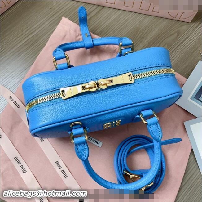 Well Crafted Miu Miu Arcadie Calf Leather top handle bag with Gold-Tone Logo 5BB142 Blue 2024