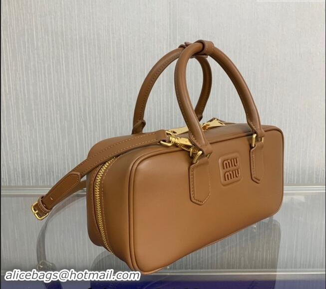 Well Crafted Miu Miu Arcadie Calf Leather top handle bag with Tone-To-Tone Logo 5BB148 Light Brown 2024