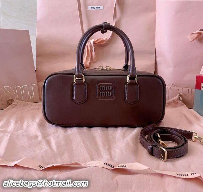 New Fashion Miu Miu Arcadie Calf Leather top handle bag with Tone-To-Tone Logo 5BB148 Briarwood Brown 2024