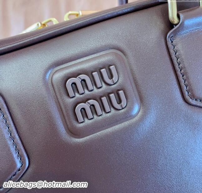 New Fashion Miu Miu Arcadie Calf Leather top handle bag with Tone-To-Tone Logo 5BB148 Briarwood Brown 2024