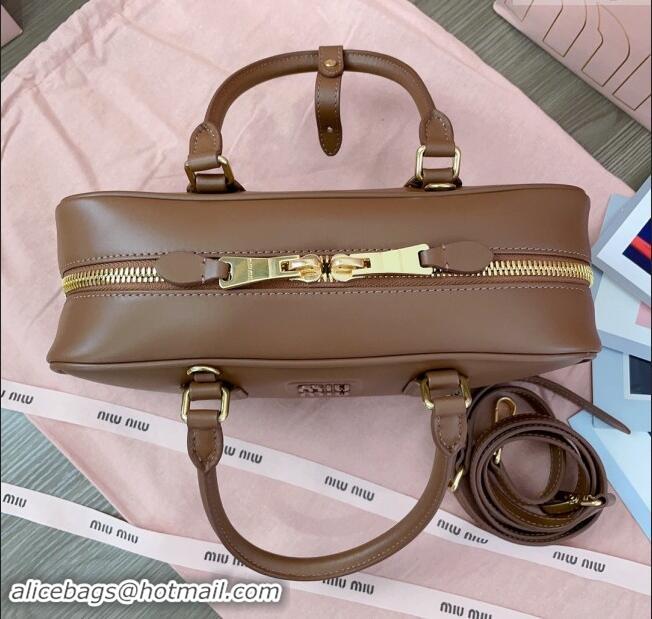 Buy Classic Miu Miu Arcadie Calf Leather top handle bag with Tone-To-Tone Logo 5BB148 Dark Brown 2024