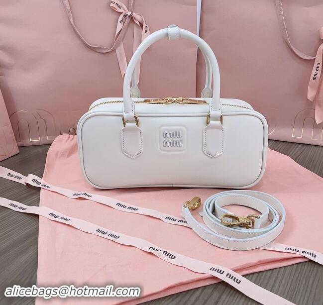 Most Popular Miu Miu Arcadie Calf Leather top handle bag with Tone-To-Tone Logo 5BB148 White 2024