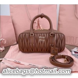 Classic Miu Miu Arcadie Matelasse Nappa Leather top handle bag with Gold-Tone Logo 5BB148 Dark Brown 2024