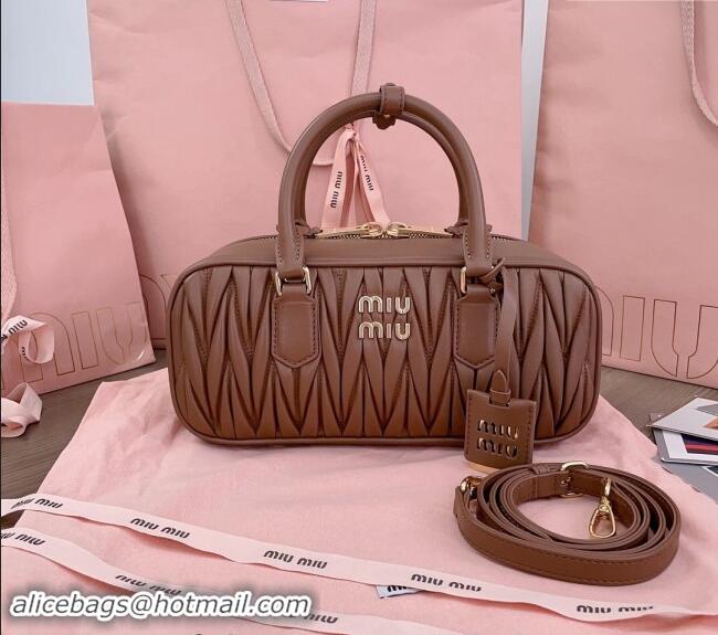 Classic Miu Miu Arcadie Matelasse Nappa Leather top handle bag with Gold-Tone Logo 5BB148 Dark Brown 2024