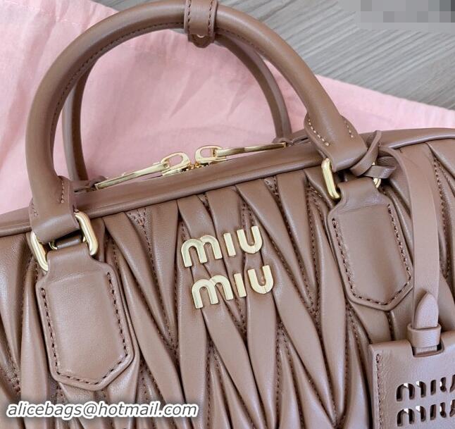 Classic Miu Miu Arcadie Matelasse Nappa Leather top handle bag with Gold-Tone Logo 5BB148 Dark Brown 2024