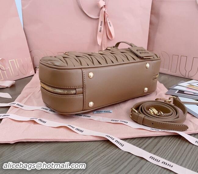 Promotional Miu Miu Arcadie Matelasse Nappa Leather top handle bag with Gold-Tone Logo 5BB148 Tan Brown 2024