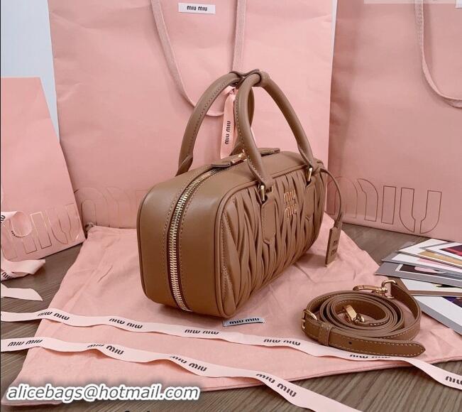 Promotional Miu Miu Arcadie Matelasse Nappa Leather top handle bag with Gold-Tone Logo 5BB148 Tan Brown 2024