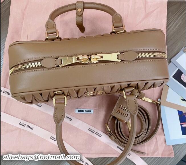 Promotional Miu Miu Arcadie Matelasse Nappa Leather top handle bag with Gold-Tone Logo 5BB148 Tan Brown 2024