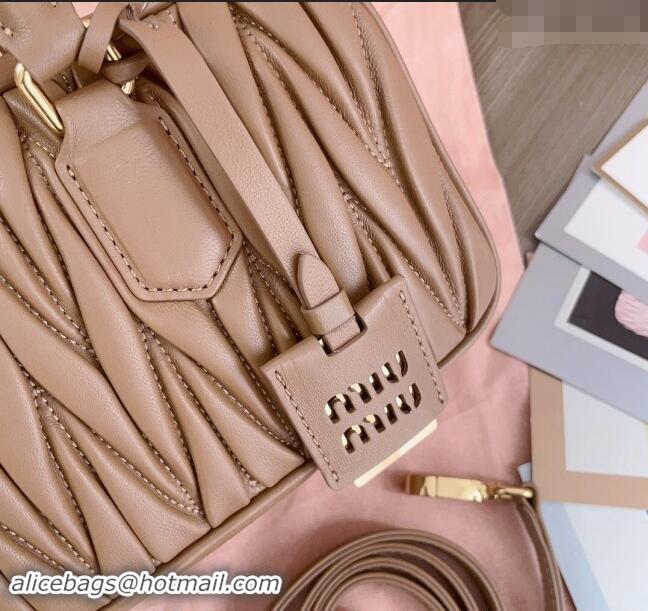 Promotional Miu Miu Arcadie Matelasse Nappa Leather top handle bag with Gold-Tone Logo 5BB148 Tan Brown 2024