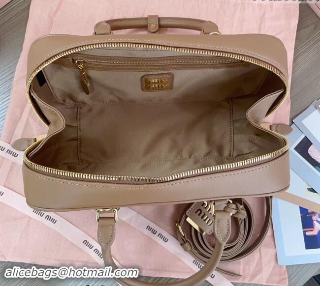 Promotional Miu Miu Arcadie Matelasse Nappa Leather top handle bag with Gold-Tone Logo 5BB148 Tan Brown 2024