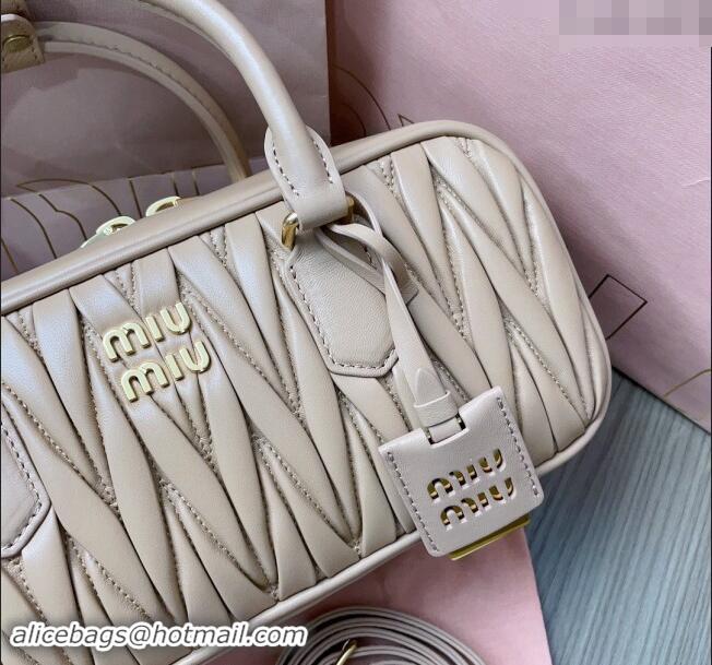 New Design Miu Miu Arcadie Matelasse Nappa Leather top handle bag with Gold-Tone Logo 5BB148 Beige 2024