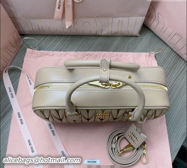 New Design Miu Miu Arcadie Matelasse Nappa Leather top handle bag with Gold-Tone Logo 5BB148 Beige 2024