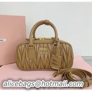 Shop Discount Miu Miu Arcadie Matelasse Nappa Leather top handle bag with Gold-Tone Logo 5BB142 Light Brown 2024