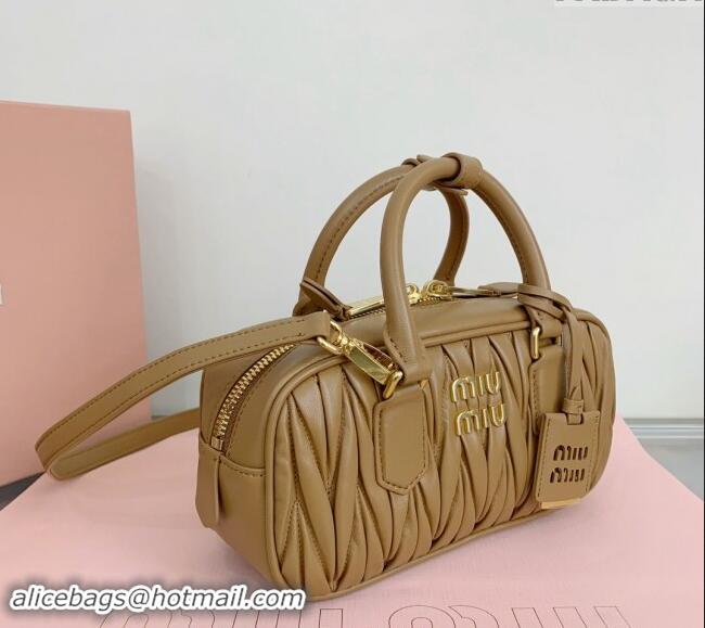 Shop Discount Miu Miu Arcadie Matelasse Nappa Leather top handle bag with Gold-Tone Logo 5BB142 Light Brown 2024