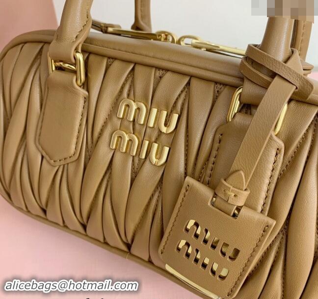 Shop Discount Miu Miu Arcadie Matelasse Nappa Leather top handle bag with Gold-Tone Logo 5BB142 Light Brown 2024