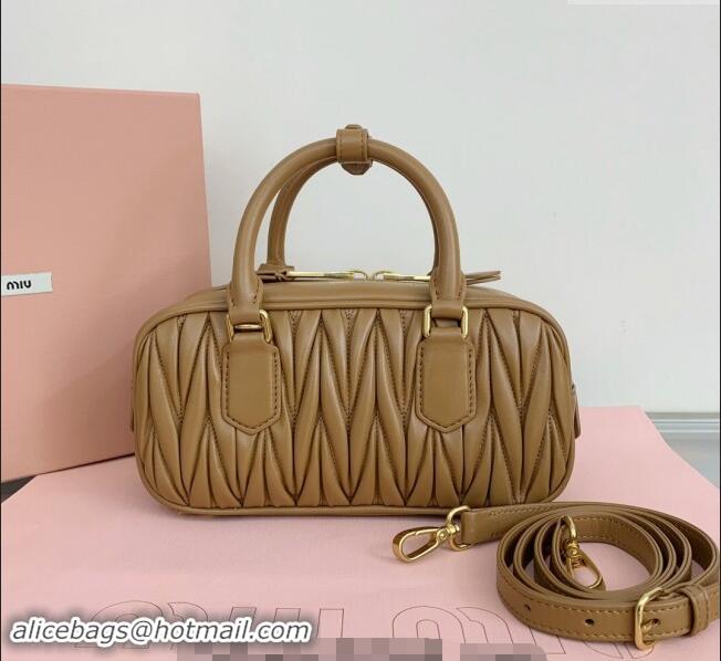 Shop Discount Miu Miu Arcadie Matelasse Nappa Leather top handle bag with Gold-Tone Logo 5BB142 Light Brown 2024