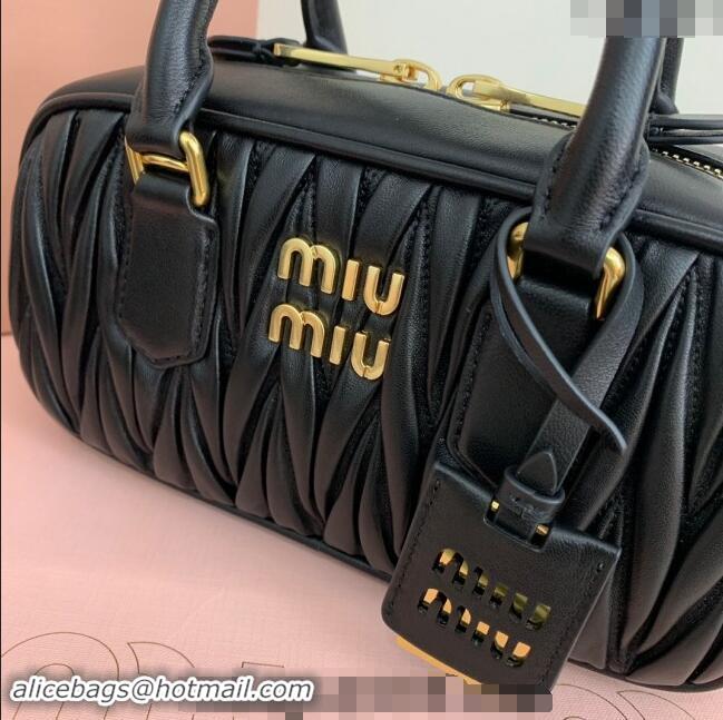 Inexpensive Miu Miu Arcadie Matelasse Nappa Leather top handle bag with Gold-Tone Logo 5BB142 Black 2024