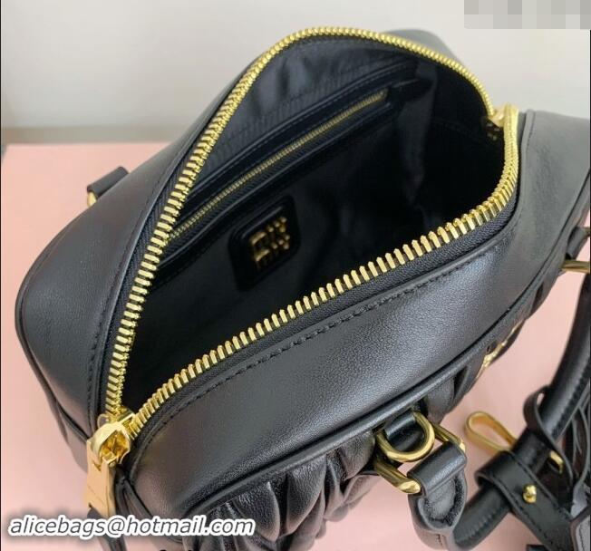 Inexpensive Miu Miu Arcadie Matelasse Nappa Leather top handle bag with Gold-Tone Logo 5BB142 Black 2024