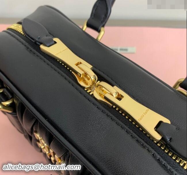 Inexpensive Miu Miu Arcadie Matelasse Nappa Leather top handle bag with Gold-Tone Logo 5BB142 Black 2024