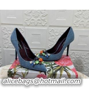 Good Looking Dolce & Gabbana DG Denim Pumps 10.5cm with Crystal Stone Charm Blue 325082 