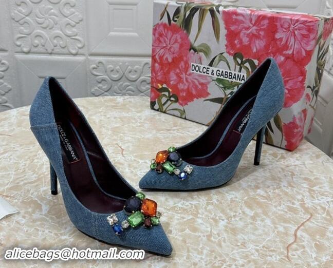 Good Looking Dolce & Gabbana DG Denim Pumps 10.5cm with Crystal Stone Charm Blue 325082 