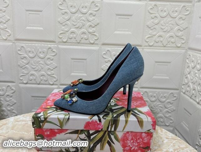 Good Looking Dolce & Gabbana DG Denim Pumps 10.5cm with Crystal Stone Charm Blue 325082 