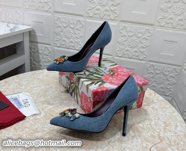 Good Looking Dolce & Gabbana DG Denim Pumps 10.5cm with Crystal Stone Charm Blue 325082 