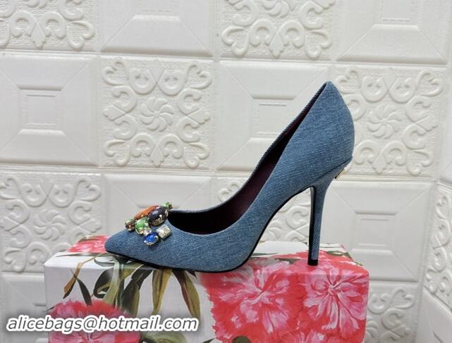 Good Looking Dolce & Gabbana DG Denim Pumps 10.5cm with Crystal Stone Charm Blue 325082 