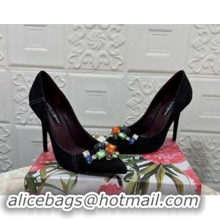 Top Grade Dolce & Gabbana DG Denim Pumps 10.5cm with Crystal Stone Charm Black 325083