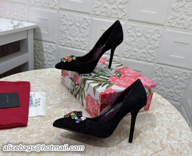 Top Grade Dolce & Gabbana DG Denim Pumps 10.5cm with Crystal Stone Charm Black 325083