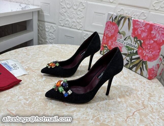 Top Grade Dolce & Gabbana DG Denim Pumps 10.5cm with Crystal Stone Charm Black 325083