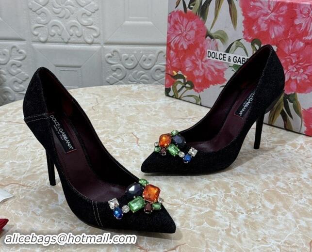 Top Grade Dolce & Gabbana DG Denim Pumps 10.5cm with Crystal Stone Charm Black 325083