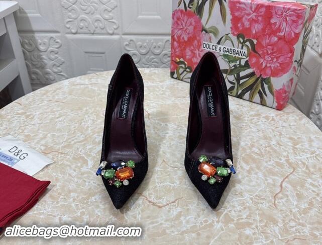 Top Grade Dolce & Gabbana DG Denim Pumps 10.5cm with Crystal Stone Charm Black 325083