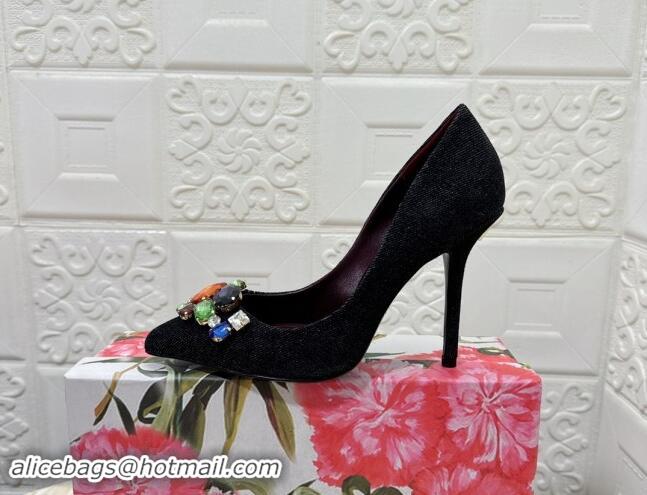 Top Grade Dolce & Gabbana DG Denim Pumps 10.5cm with Crystal Stone Charm Black 325083