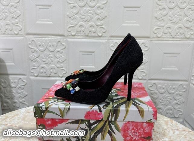 Top Grade Dolce & Gabbana DG Denim Pumps 10.5cm with Crystal Stone Charm Black 325083