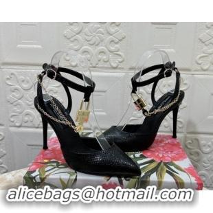 Popular Style Dolce & Gabbana DG Slingback Pumps 10.5cm with Lock Chain in Snakeskin-Like Calfskin Black 325084