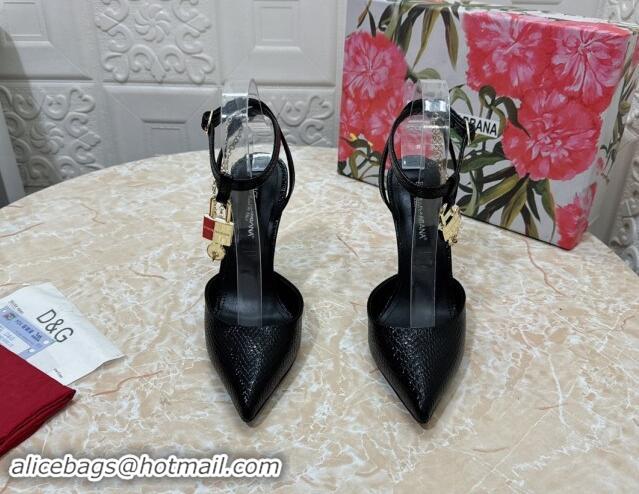 Popular Style Dolce & Gabbana DG Slingback Pumps 10.5cm with Lock Chain in Snakeskin-Like Calfskin Black 325084