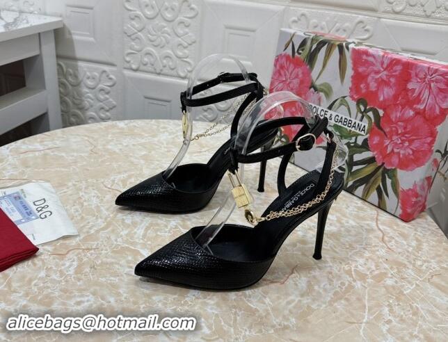 Popular Style Dolce & Gabbana DG Slingback Pumps 10.5cm with Lock Chain in Snakeskin-Like Calfskin Black 325084