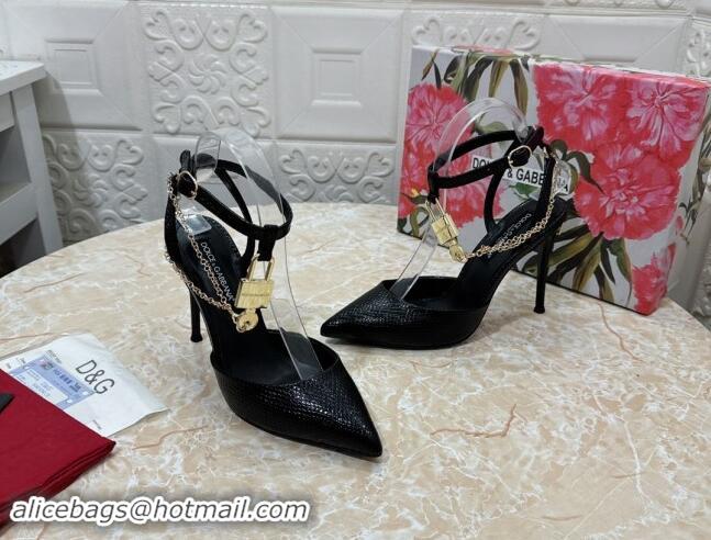 Popular Style Dolce & Gabbana DG Slingback Pumps 10.5cm with Lock Chain in Snakeskin-Like Calfskin Black 325084