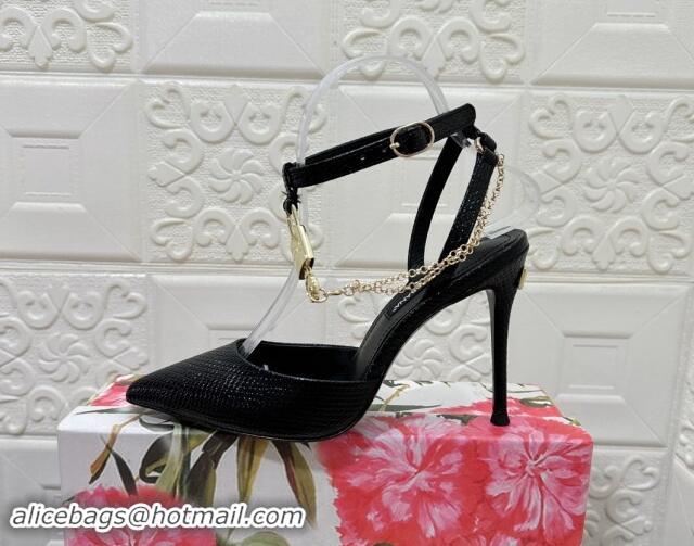 Popular Style Dolce & Gabbana DG Slingback Pumps 10.5cm with Lock Chain in Snakeskin-Like Calfskin Black 325084