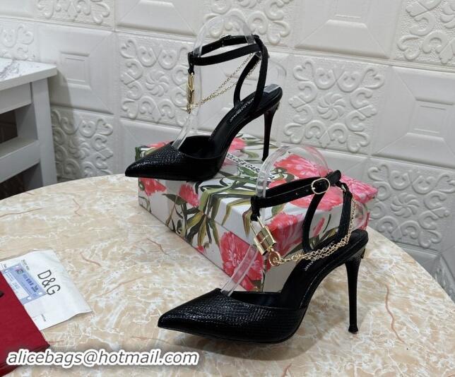 Popular Style Dolce & Gabbana DG Slingback Pumps 10.5cm with Lock Chain in Snakeskin-Like Calfskin Black 325084