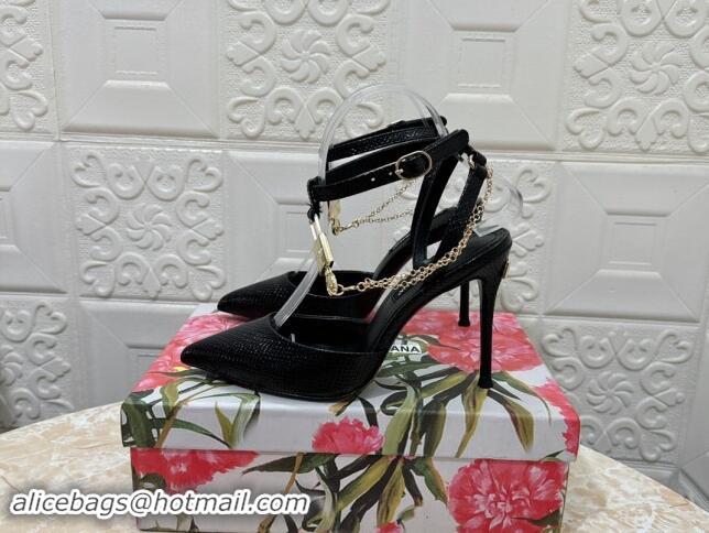 Popular Style Dolce & Gabbana DG Slingback Pumps 10.5cm with Lock Chain in Snakeskin-Like Calfskin Black 325084