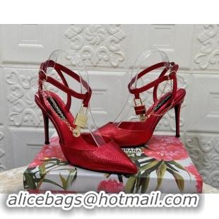 Unique Style Dolce & Gabbana DG Slingback Pumps 10.5cm with Lock Chain in Snakeskin-Like Calfskin Red 325085