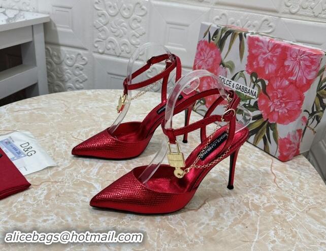 Unique Style Dolce & Gabbana DG Slingback Pumps 10.5cm with Lock Chain in Snakeskin-Like Calfskin Red 325085