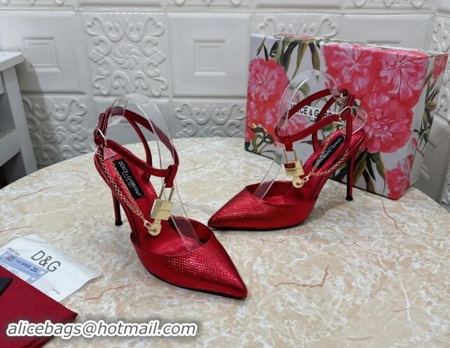 Unique Style Dolce & Gabbana DG Slingback Pumps 10.5cm with Lock Chain in Snakeskin-Like Calfskin Red 325085