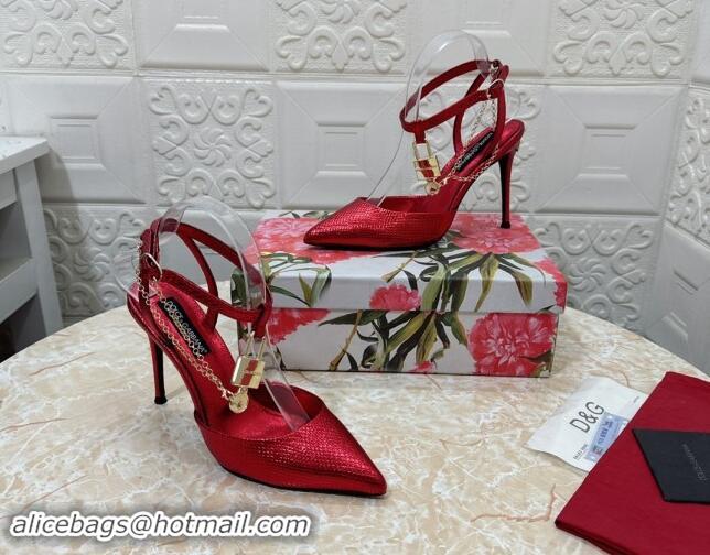 Unique Style Dolce & Gabbana DG Slingback Pumps 10.5cm with Lock Chain in Snakeskin-Like Calfskin Red 325085